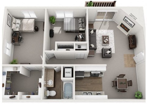 Floor plan for 2 beds, 1 bath, 912 sqft